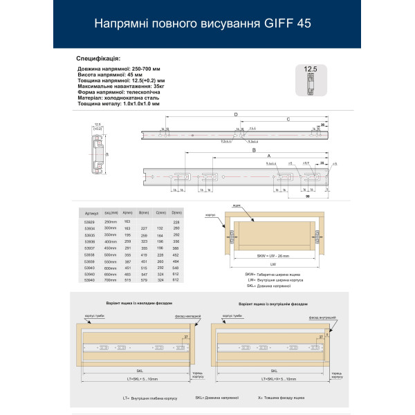 Напрямна повного висування GIFF L=350 Н=45 мм