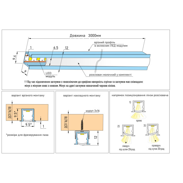 Світильник врізний GIFF LED~Modul SMD2835-120L CW білий холодний L=3000 чорний (розсіювач білий матовий)
