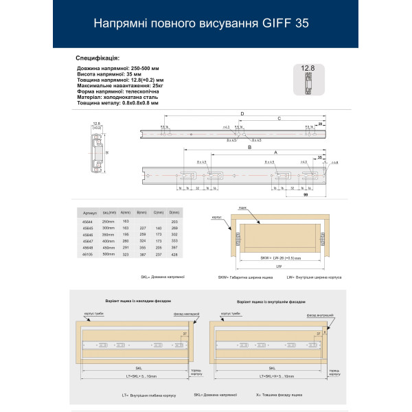 Напрямна повного висування GIFF L=450 Н=35 мм